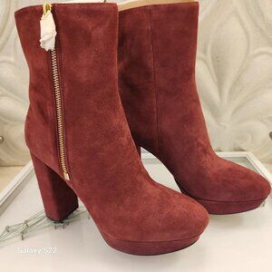 Michael Kors Frenchie Brandy Red Suede Block Heel Platform Ankle Booties NIB.